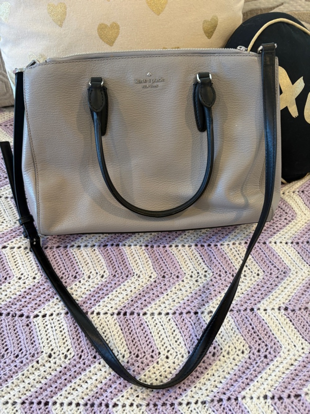 kate spade gray satchel with black trim and strap